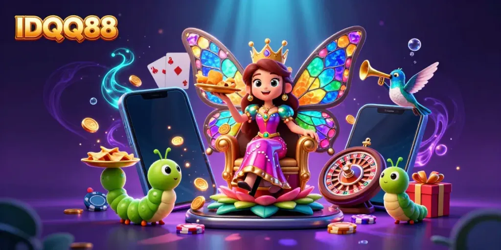 Watch the butterfly queen at IDQQ88 as she rules a colorful casino scene, showcasing vibrant games and exciting wins.