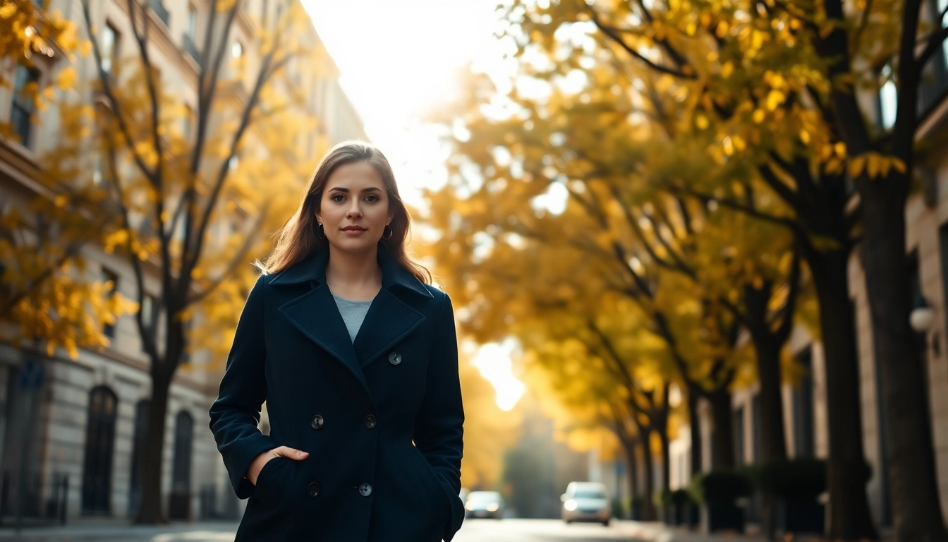 Stylish portrayal of ladies coats and jackets in urban autumn setting.