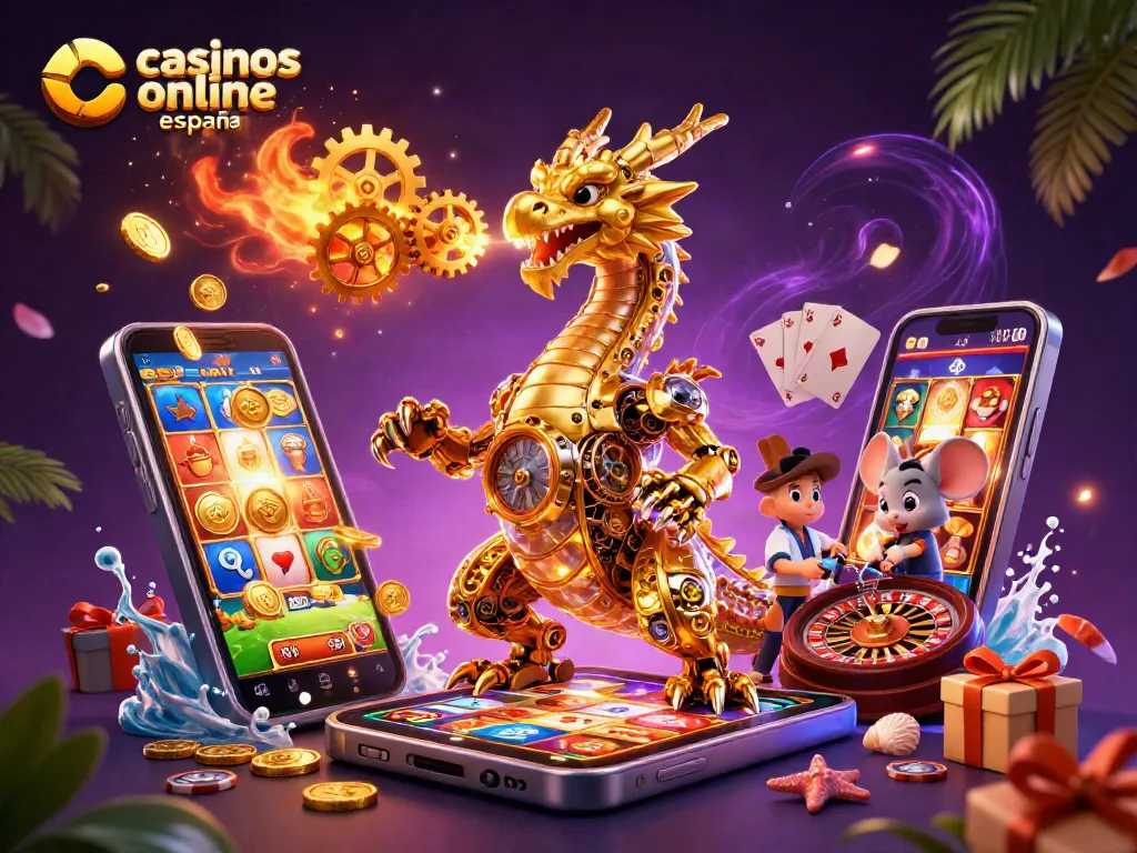 Disfruta de juegos en casinos online España con tragamonedas erupcionando monedas doradas.