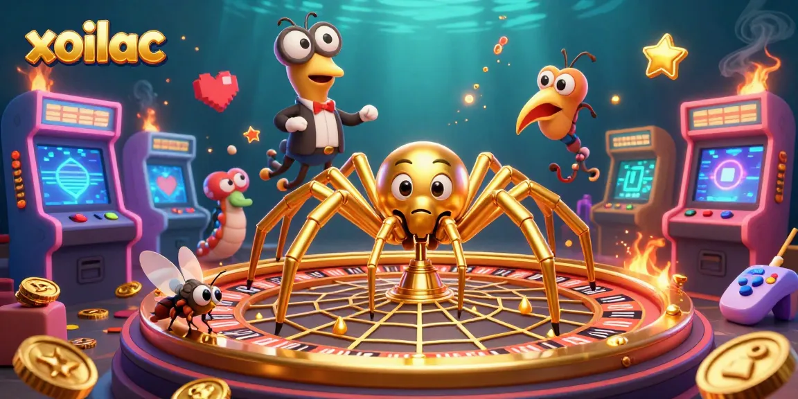 Experience the thrill of gambling with xoilac, a colorful 3D casino illustration of a spider croupier and dynamic gaming elements.