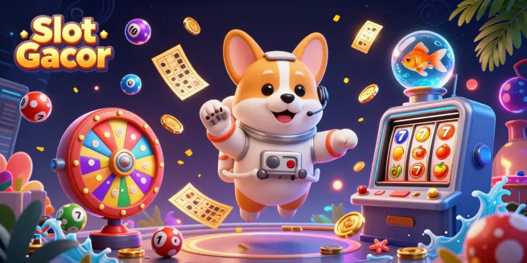 Experience the excitement of Slot Gacor in a vibrant space casino illustration filled with fun characters and game elements.