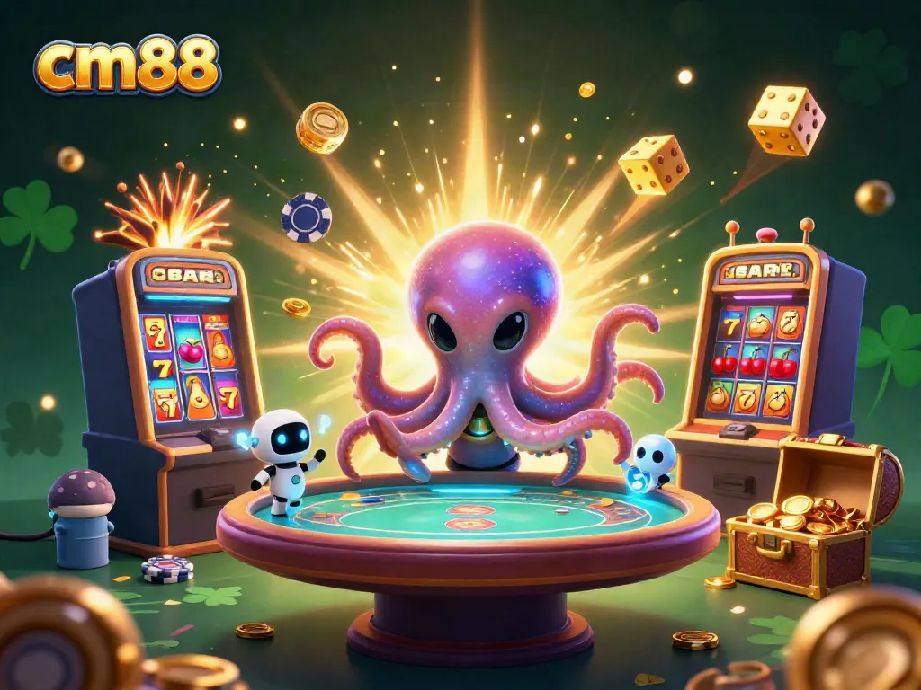 Experience the excitement of cm88 with a vibrant 3D illustration showcasing an alien octopus at a holographic poker table.