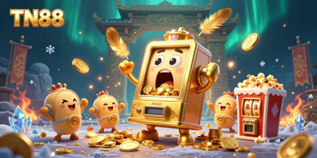 Winning big with TN88 as the golden slot machine celebrates its jackpot among cheering baby slots.