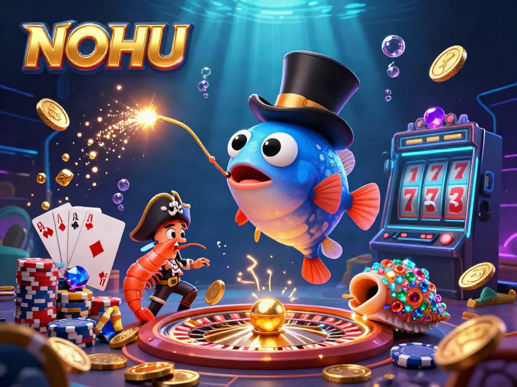 Engage in thrilling NOHU adventures as the anglerfish attracts coins amidst a vibrant underwater casino.