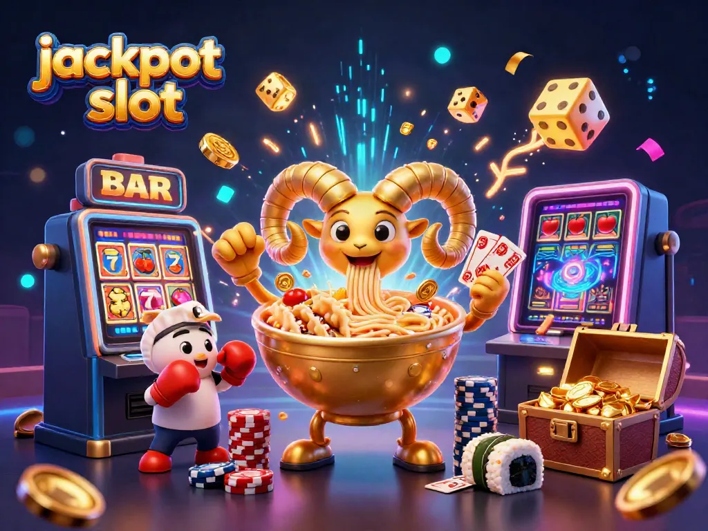 Win big at jackpot slot with a vibrant and dynamic 3D casino scene featuring playful characters and exciting elements.