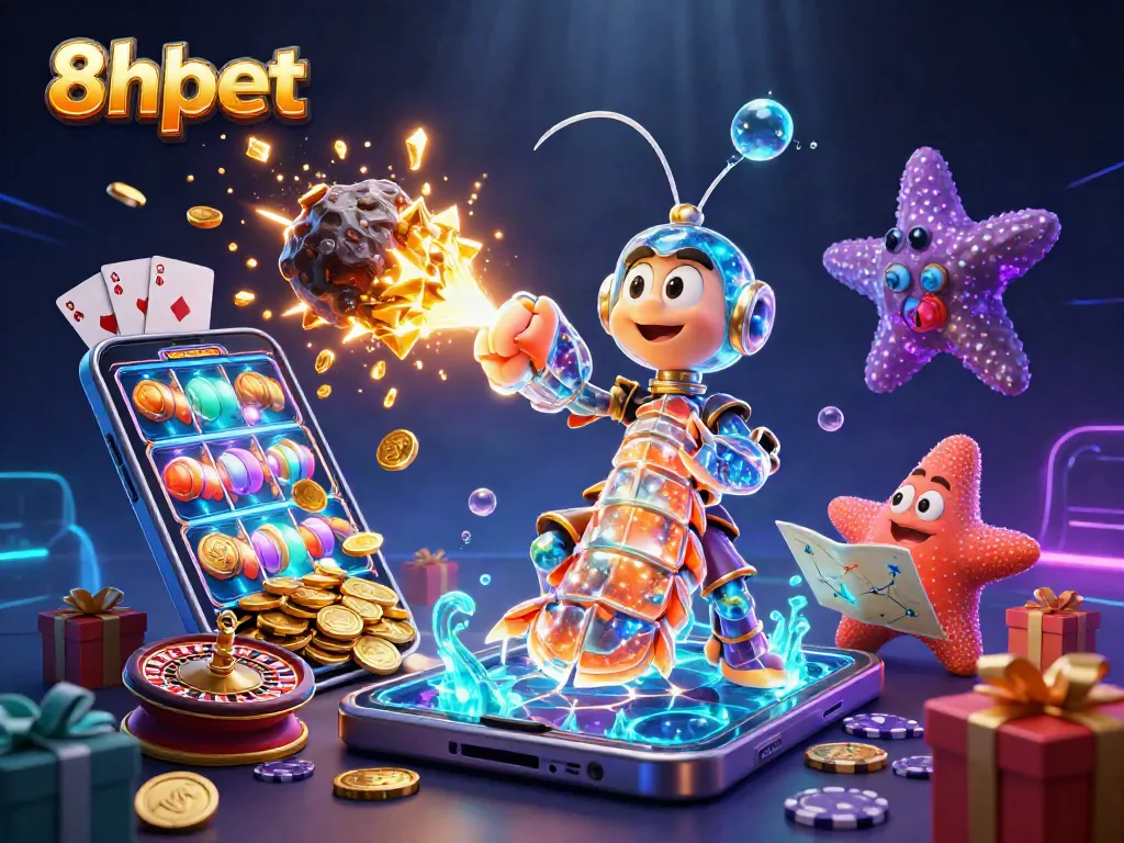 Experience the excitement of 8xbet with vibrant slot games, golden coins, and dynamic characters in a thrilling casino scene.