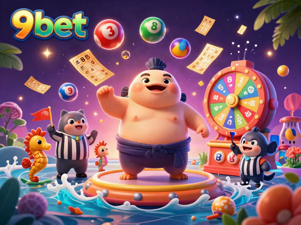 Experience vibrant gaming with 9bet's unique underwater scene featuring dynamic lottery elements and characters.