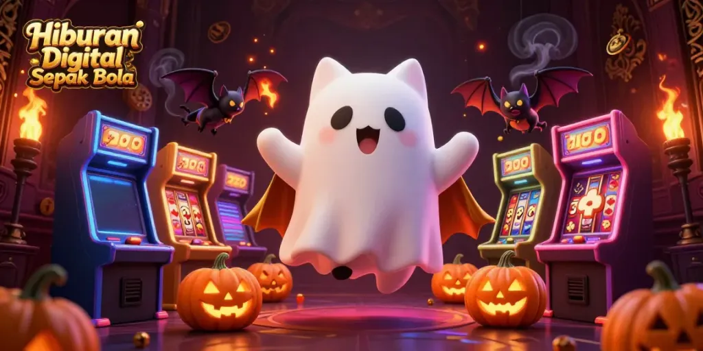 Engaging casino scene featuring Hiburan Digital Sepak Bola animation with a ghost cat, a bat, and glowing slot machines.