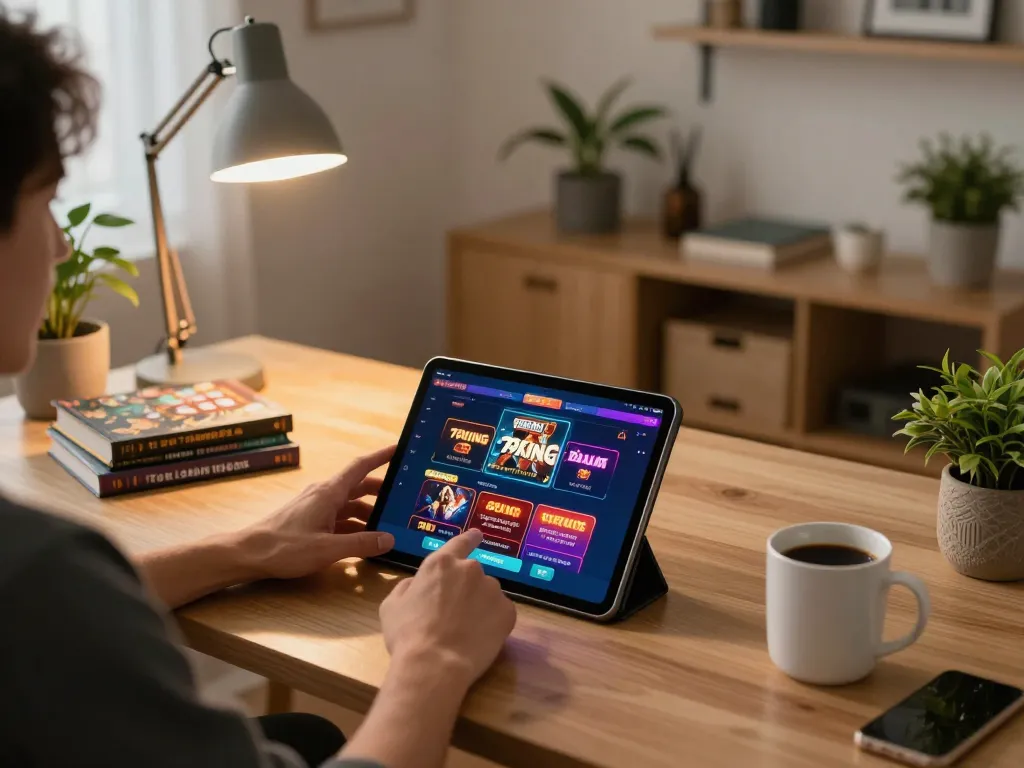 Engaging with 79king casino app on tablet in a cozy home office setting.
