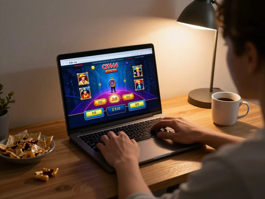 Engaging with CK444 online casino gameplay at home, highlighting vibrant game interface.