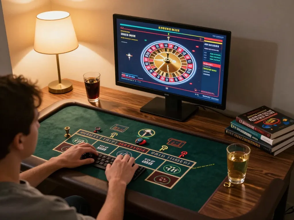 Surebetsg user engaging in live online roulette, showcasing responsible gaming practices and strategic setup.