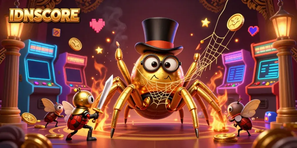 IDNSCORE spider weaving golden web in a vibrant casino scene with arcade machines.