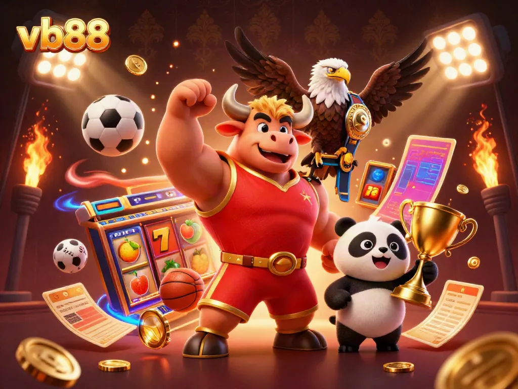Experience exciting gaming action with vb88 as a bull mascot, eagle, and panda celebrate wins.