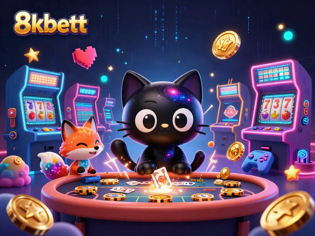 A cosmic casino scene with a black hole cat and colorful fox representing 8kbett's immersive gaming experience.