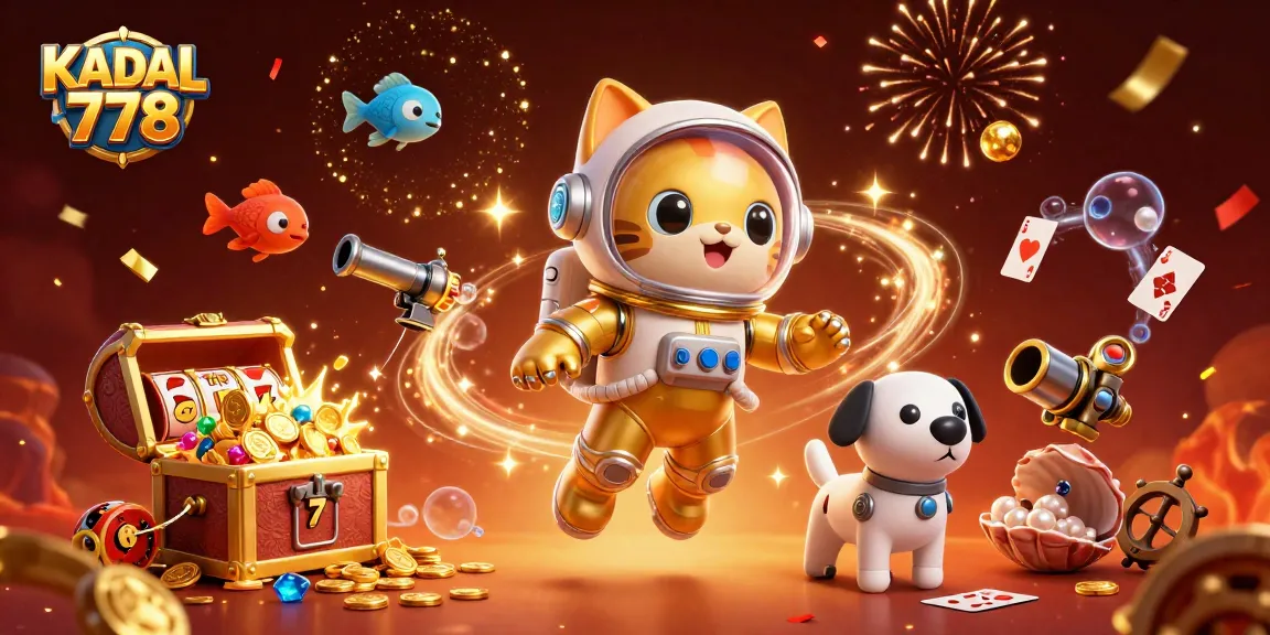 Engage with KADAL 778 as a playful cat astronaut and robot dog discover treasures in a vibrant casino scene.
