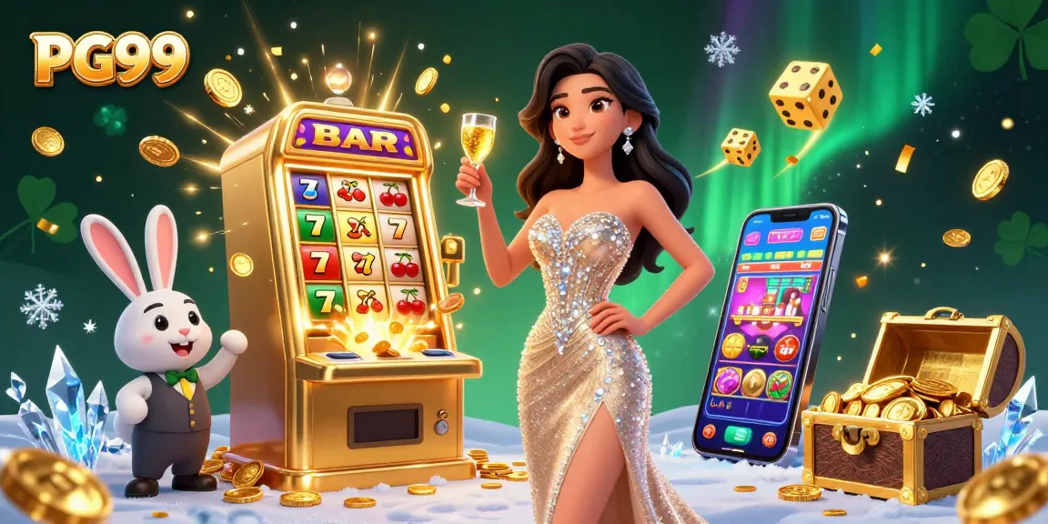 Win big at PG99 with dazzling slot machines and vibrant gaming elements surrounding celebratory characters.
