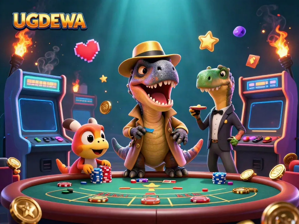 Participate in thrilling blackjack action at UGDEWA with a cartoon velociraptor and a stegosaurus pit boss.