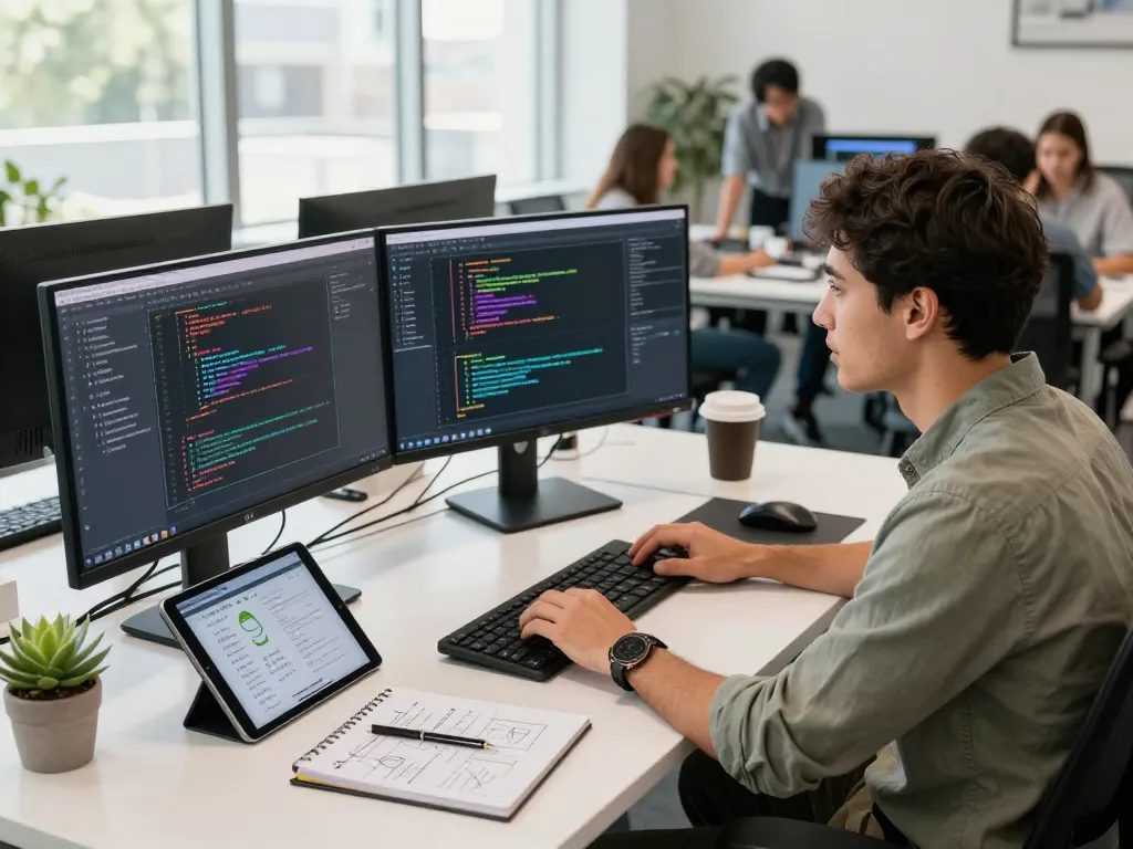 Engineer coding at a modern workspace showcasing hbet technology.