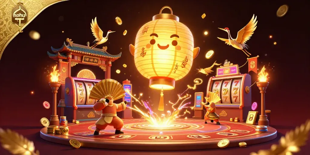 Experience the thrill of the nohu casino with a golden lantern spirit floating above dynamic slot game elements.