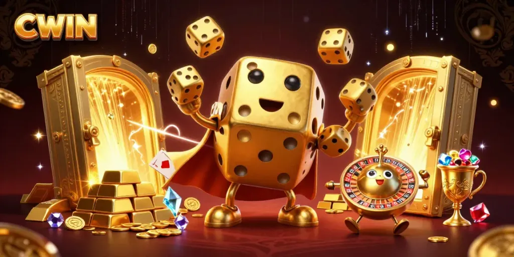 CWIN brings excitement as a golden dice golem juggles treasures in a vibrant casino world.