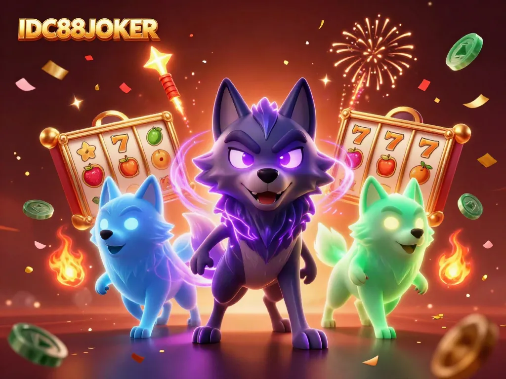 Experience thrilling gameplay with IDC88JOKER's spectral wolf pack and vibrant slot reels in this dynamic casino scene.