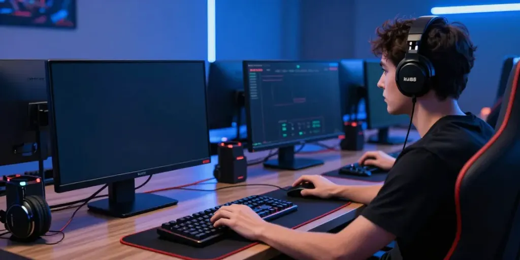 An engaging gaming scene focusing on ku88, showcasing a player immersed in live casino action with modern accessories and vibrant lighting.