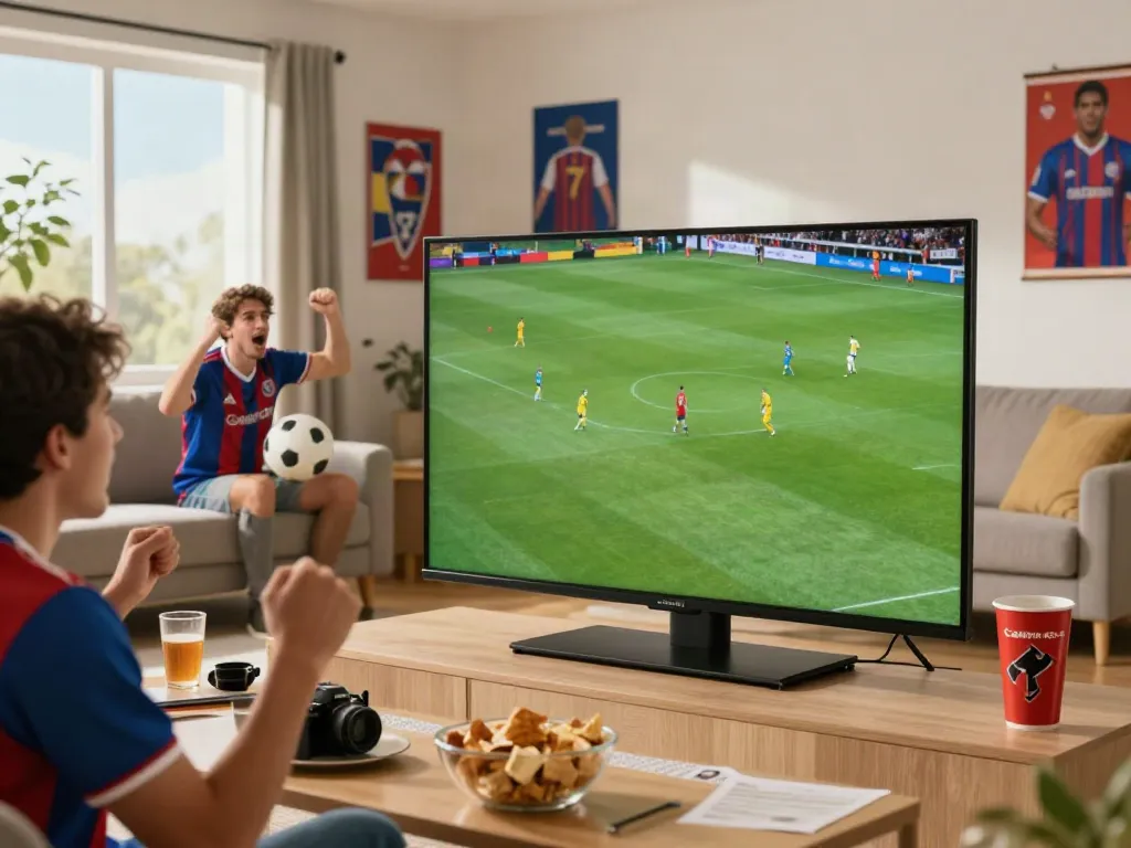 Excited fan at home enjoying live football match on https://socolive8.media/ with snacks and team spirit.