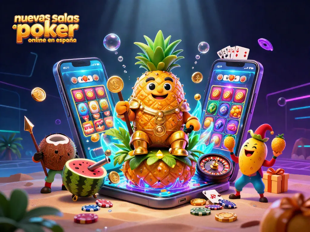 Ilustración de nuevas salas de póker online en España con un rey piña en un casino tropical.