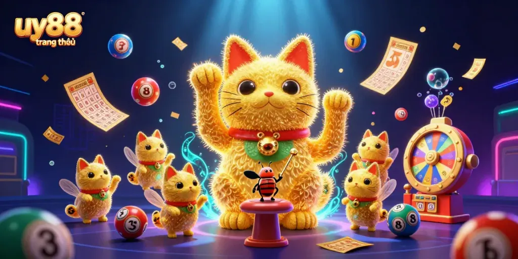Experience excitement at uy88 trang chủ with vibrant casino elements and a lucky cat illustration.