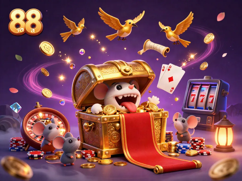 Experience the thrill of winning with exciting games at 88 aa's online casino, surrounded by golden treasures and dazzling lights.