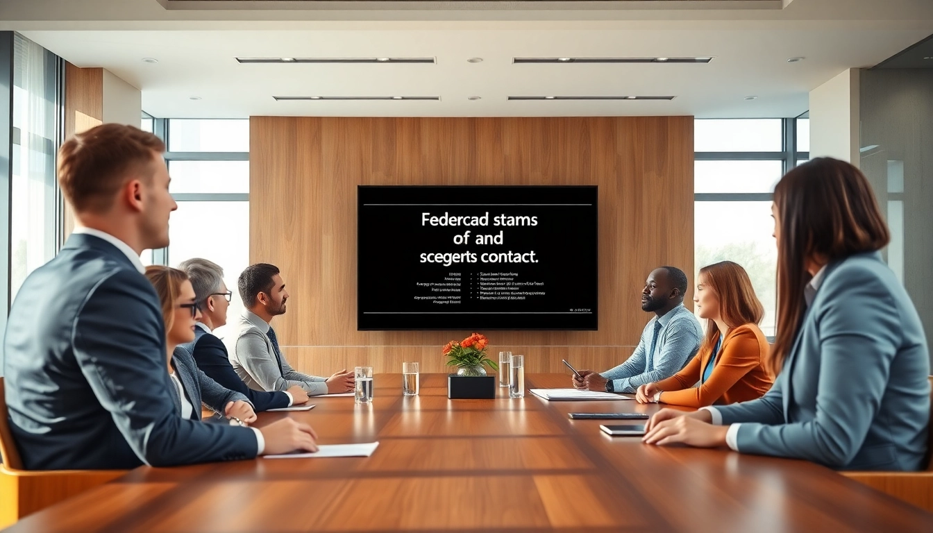 Engaging professionals discussing Federal and State contracts in a modern conference room.