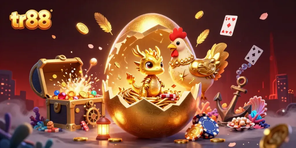 Experience stunning tr88 action with a golden dragon amid poker chips, surrounded by casino-themed treasures.
