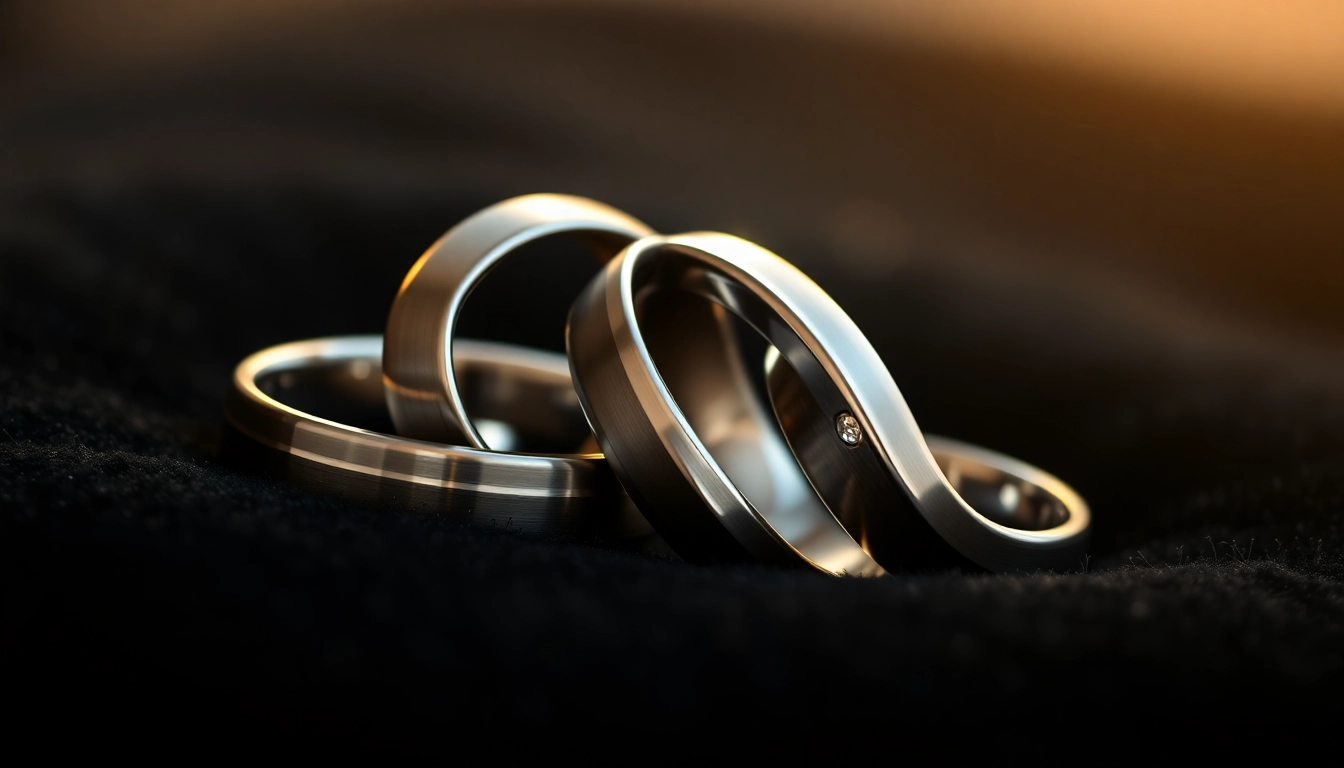 Tungsten rings elegantly displayed on velvet, showcasing their stunning texture and shine.