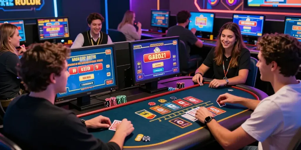 Players experiencing excitement at the Hitclub online gaming platform with vibrant graphics and modern gaming accessories.