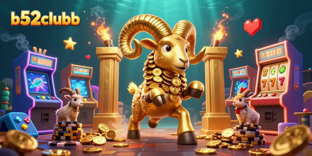 Bets on b52clubb come alive with a golden ram charging through coins and slot machines.