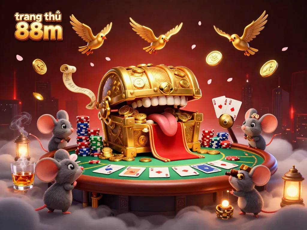 Experience excitement at trang chủ 88m with 3D treasure chest cartoon and poker gaming elements.