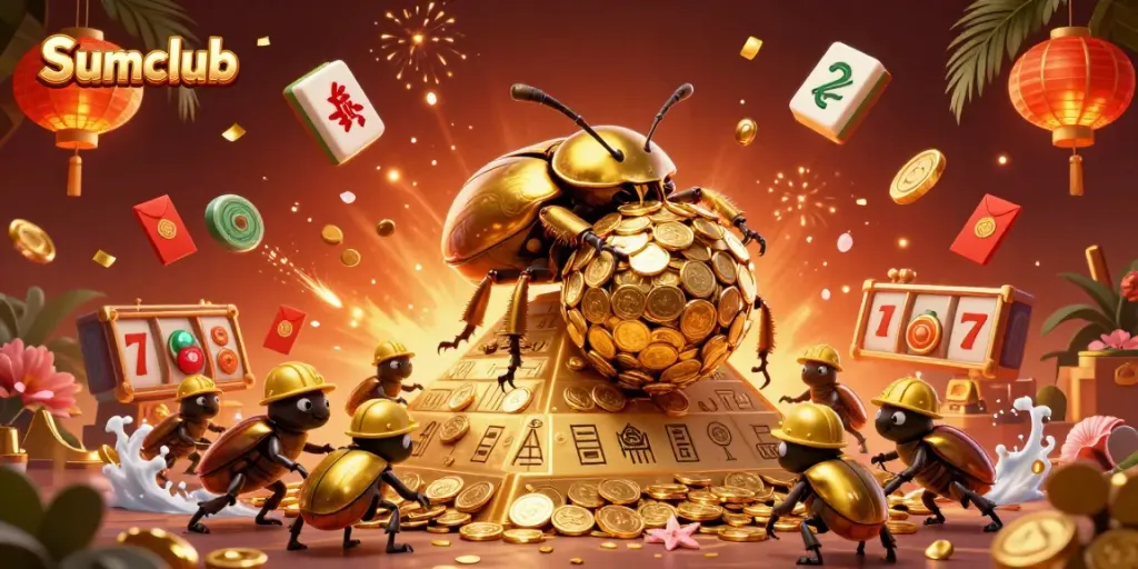 Experience the excitement of Sumclub as a golden beetle rolls coins among vibrant casino symbols.