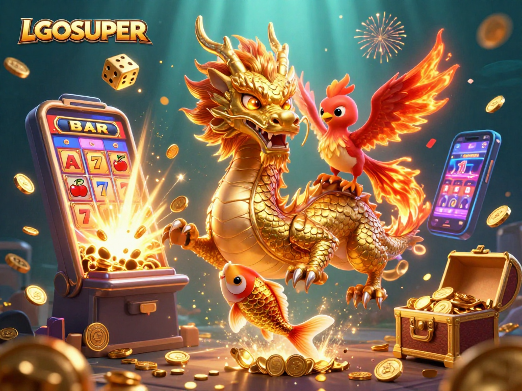 Play thrilling games at LGOSUPER featuring a vibrant scene of dragon, phoenix, and koi fish.