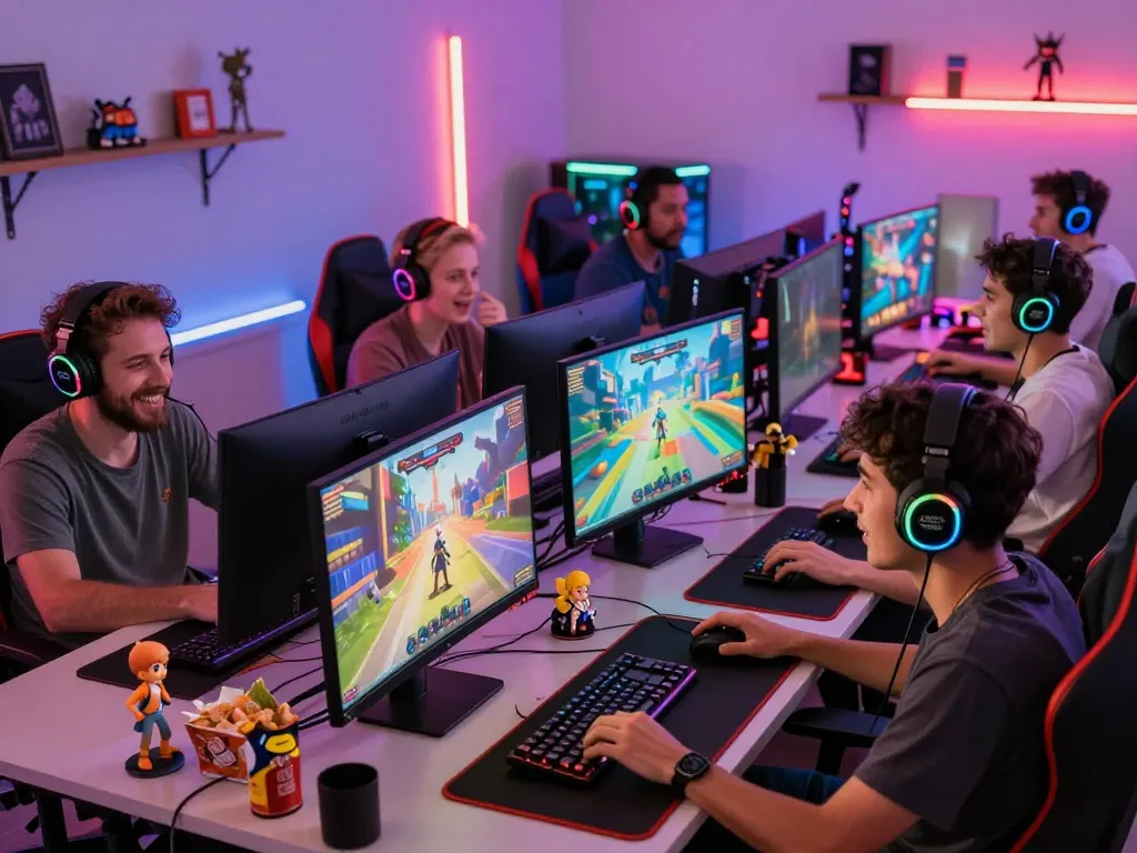 Excited gamers enjoying immersive hentai games on high-definition monitors in a vibrant gaming setup.