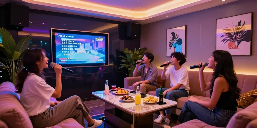 강남달토에서 화려한 조명 아래 친구들이 즐겁게 노래하고 있는 모습