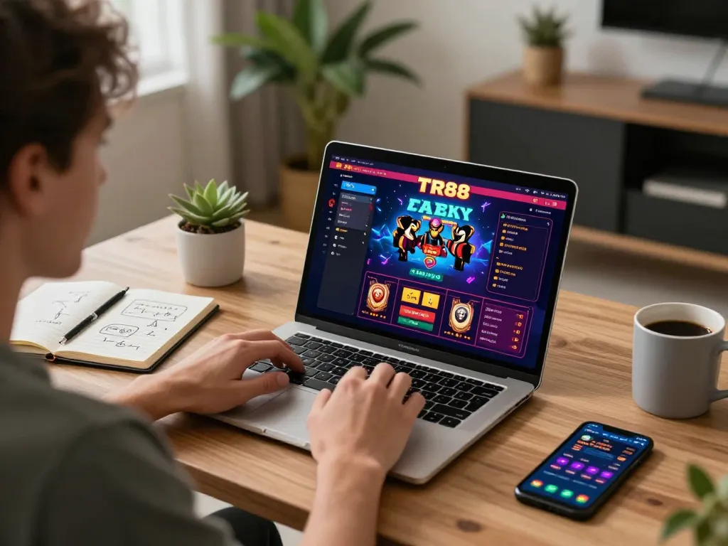 Engaging user exploring TR88 casino features on their laptop, showcasing an immersive online gaming experience.