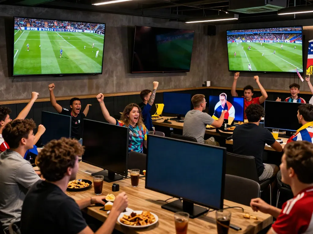 Engaged fans at a modern sports bar enjoying live football matches from https://cakhiatvvn.jpn.com/ with vibrant atmosphere and excitement.