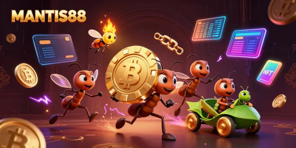 MANTIS88 team of ants executing a heist with a golden poker chip while surrounded by cryptocurrency elements, emphasizing exciting online casino action.