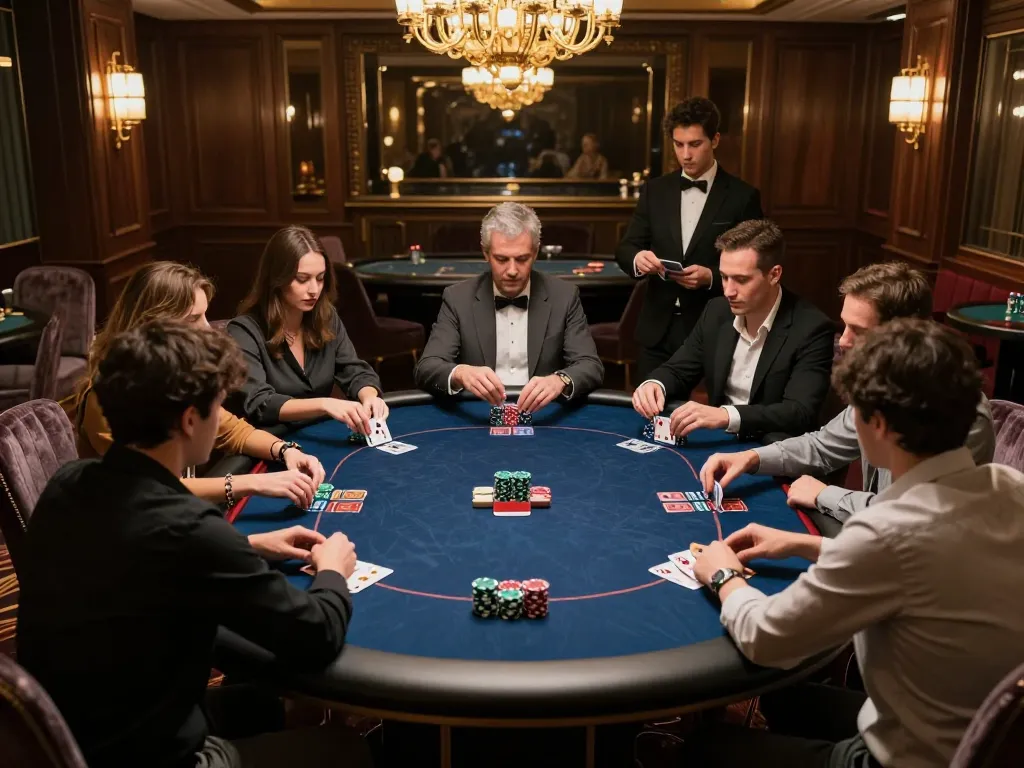 High-stakes poker game in a lavish setting, featuring strategic play with Duitgini atmosphere.