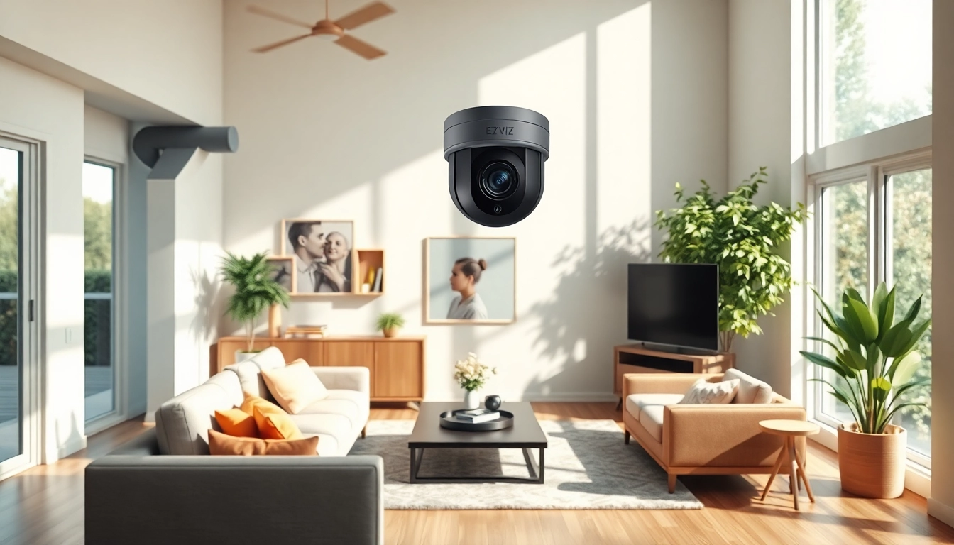 Cámaras EZVIZ instaladas en una sala de estar moderna, mostrando soluciones de seguridad para el hogar.