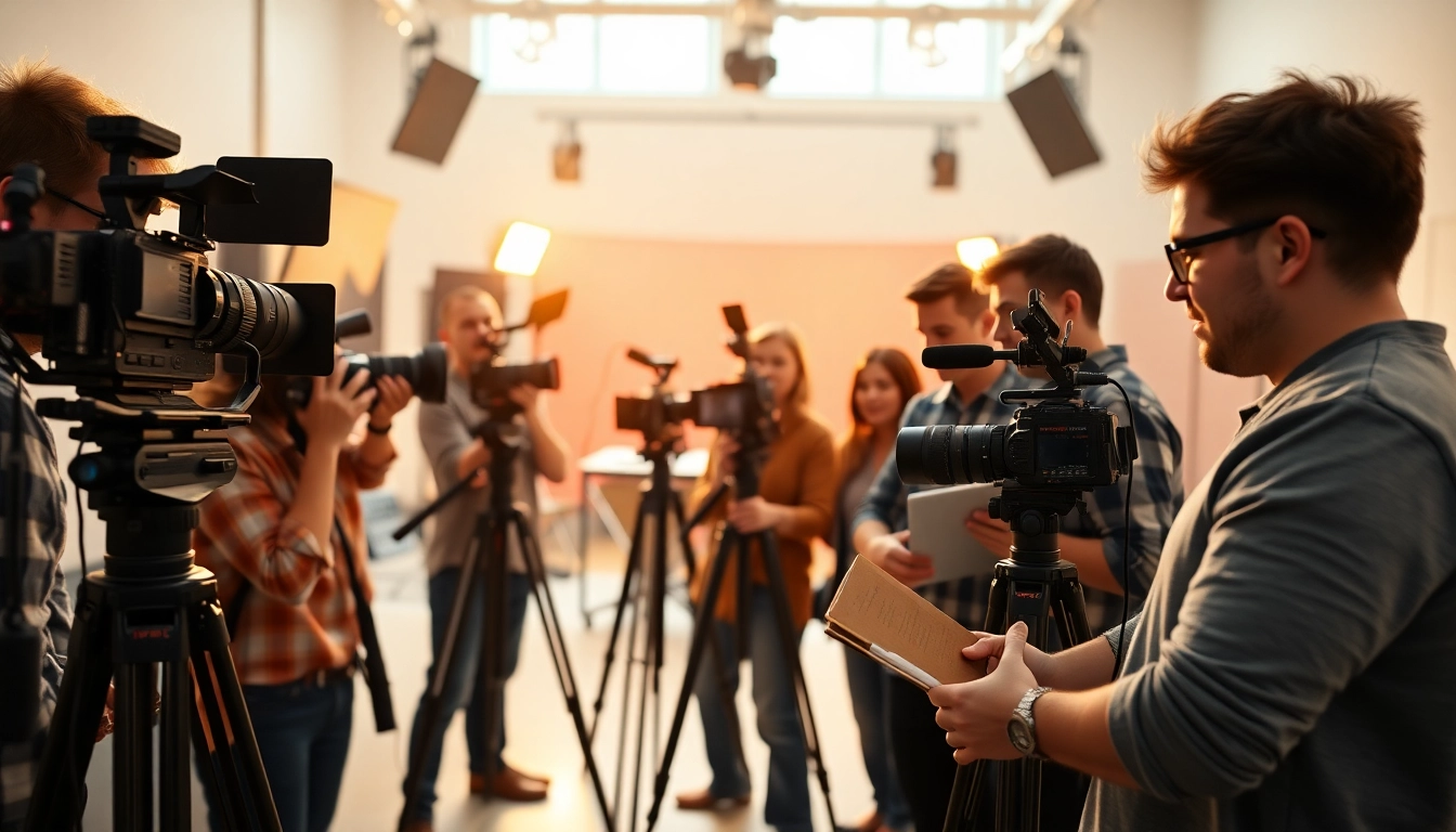 Engaged video production team utilizing advanced equipment in a bright studio environment.