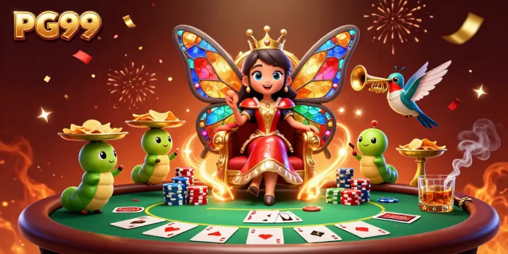 Experience thrilling poker action with PG99, featuring a butterfly queen and vibrant casino elements.