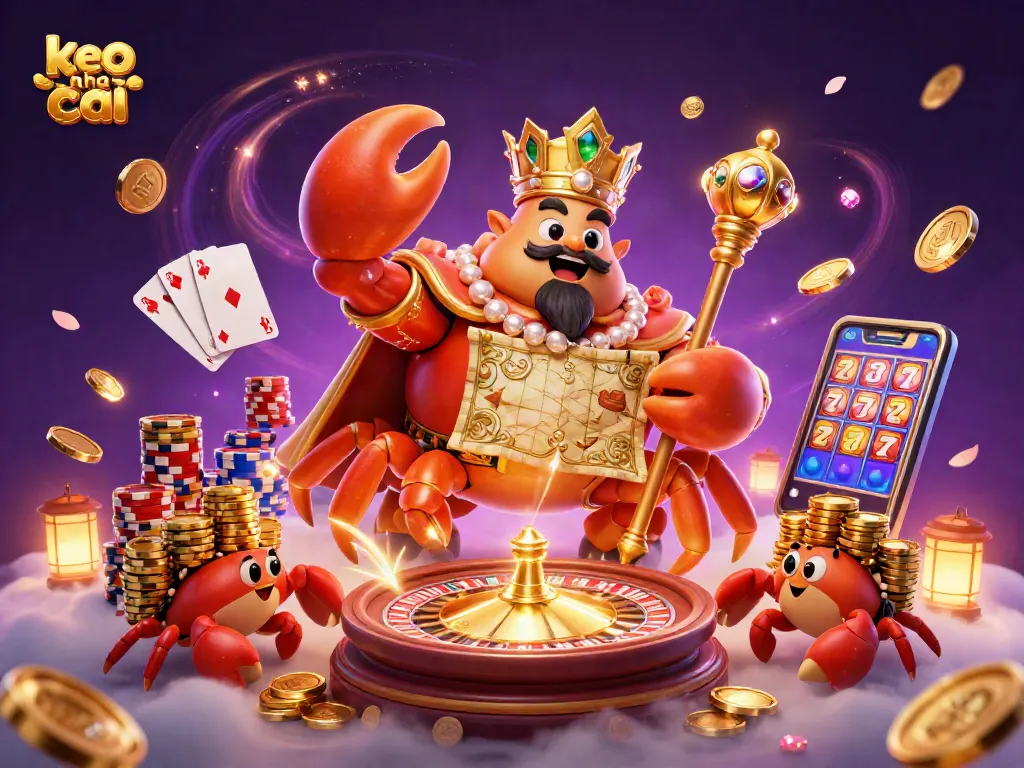 Bet on keo nha cai with a vibrant 3D illustration showcasing a golden crab emperor, treasure map, and gaming elements.