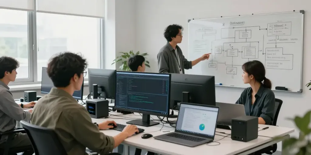 AI developers collaborating on Enterprise AI systems in a modern workspace