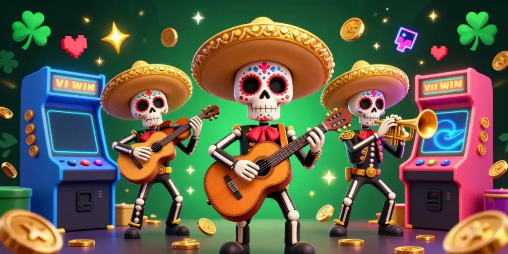 Experience the vibrant excitement of vipwin with a mariachi band amidst dynamic gaming elements.
